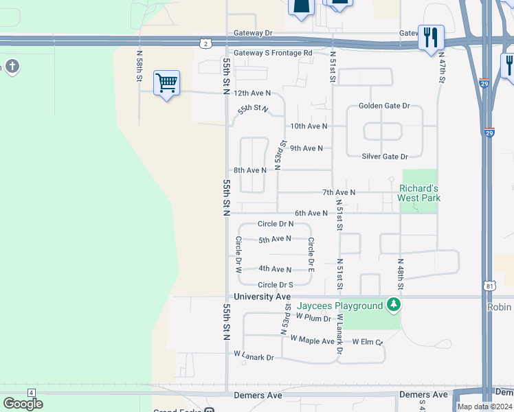 map of restaurants, bars, coffee shops, grocery stores, and more near 749 Promenade Court in Grand Forks