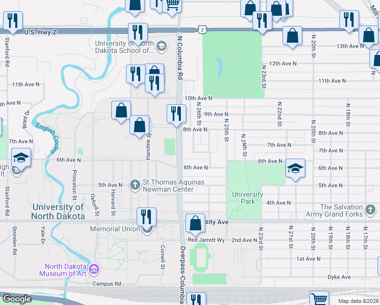 map of restaurants, bars, coffee shops, grocery stores, and more near 146 Columbia Court in Grand Forks