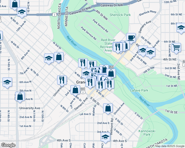 map of restaurants, bars, coffee shops, grocery stores, and more near 112 North 3rd Street in Grand Forks