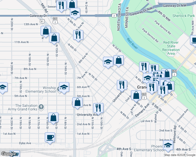 map of restaurants, bars, coffee shops, grocery stores, and more near 614 6th Avenue North in Grand Forks