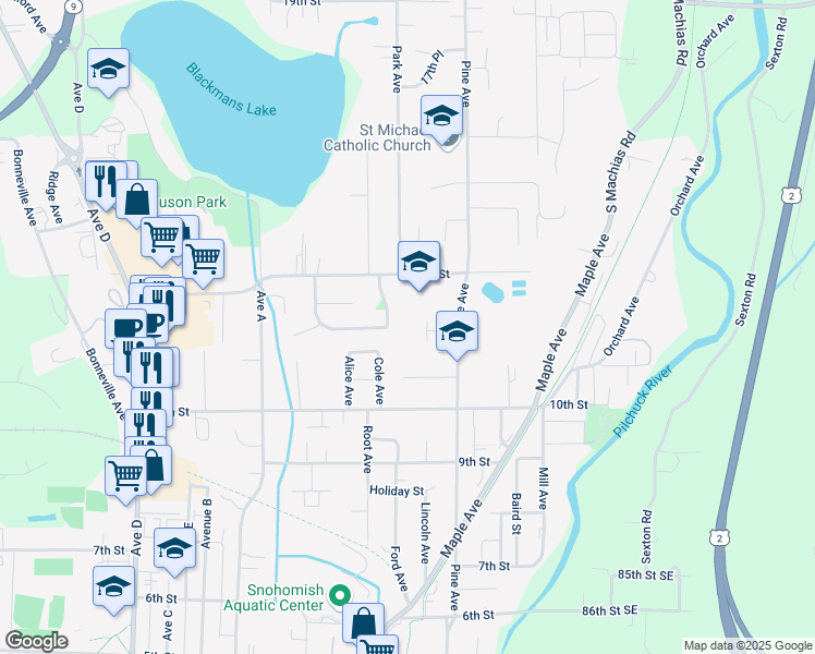 map of restaurants, bars, coffee shops, grocery stores, and more near 1124 Pine Avenue in Snohomish