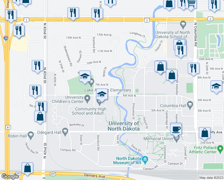 map of restaurants, bars, coffee shops, grocery stores, and more near 616 Boyd Drive in Grand Forks