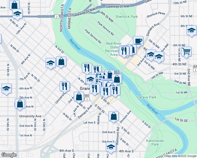 map of restaurants, bars, coffee shops, grocery stores, and more near 112 North 3rd Street in Grand Forks