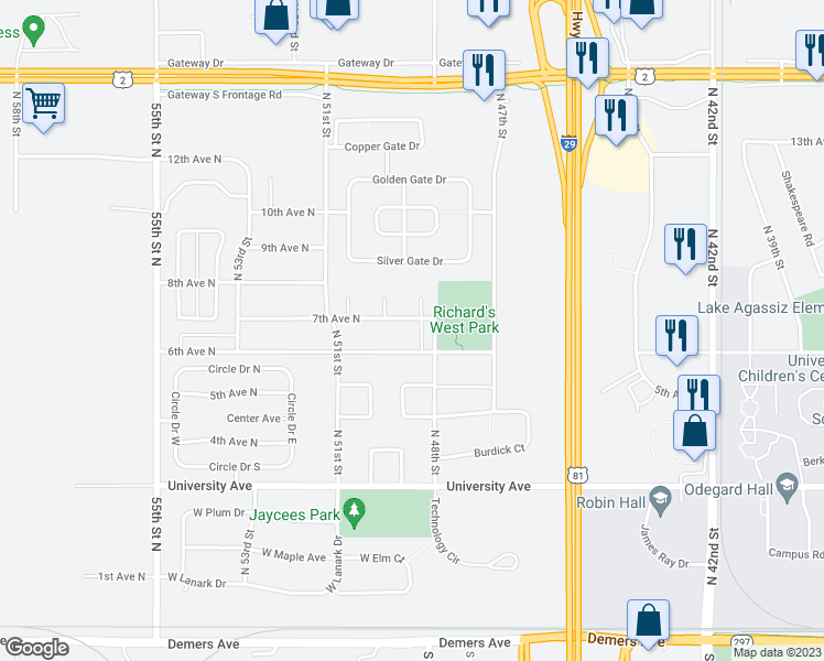 map of restaurants, bars, coffee shops, grocery stores, and more near 4811 7th Avenue North in Grand Forks