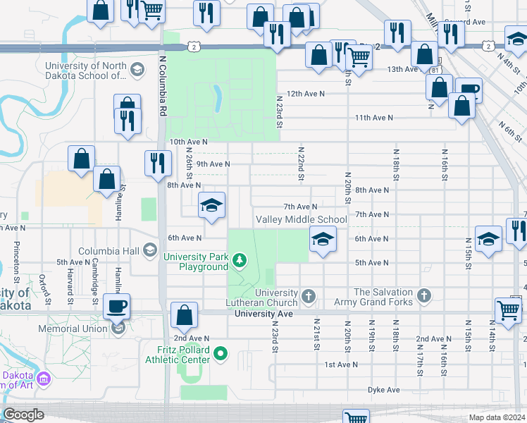 map of restaurants, bars, coffee shops, grocery stores, and more near 2311 7th Avenue North in Grand Forks