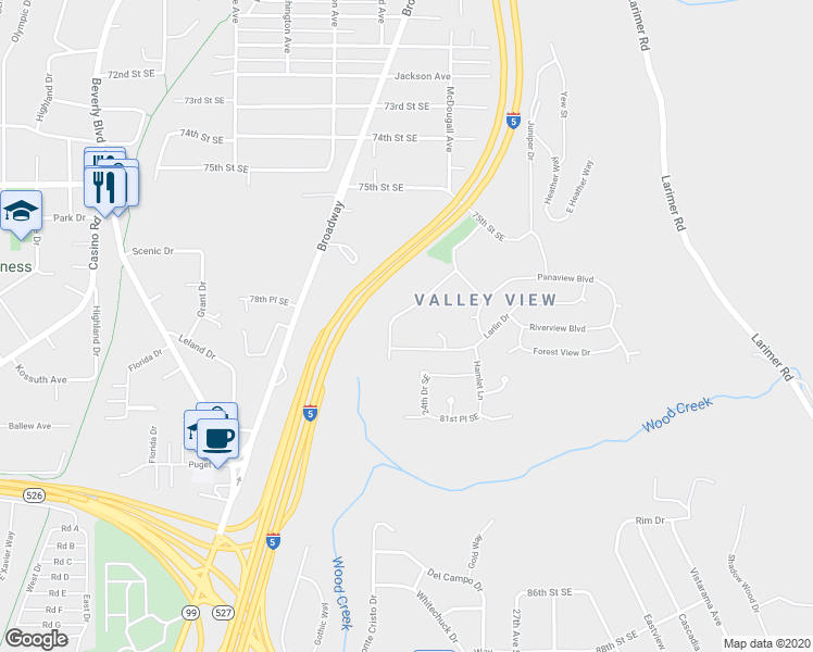 map of restaurants, bars, coffee shops, grocery stores, and more near 7809 Timber Hill Drive in Everett