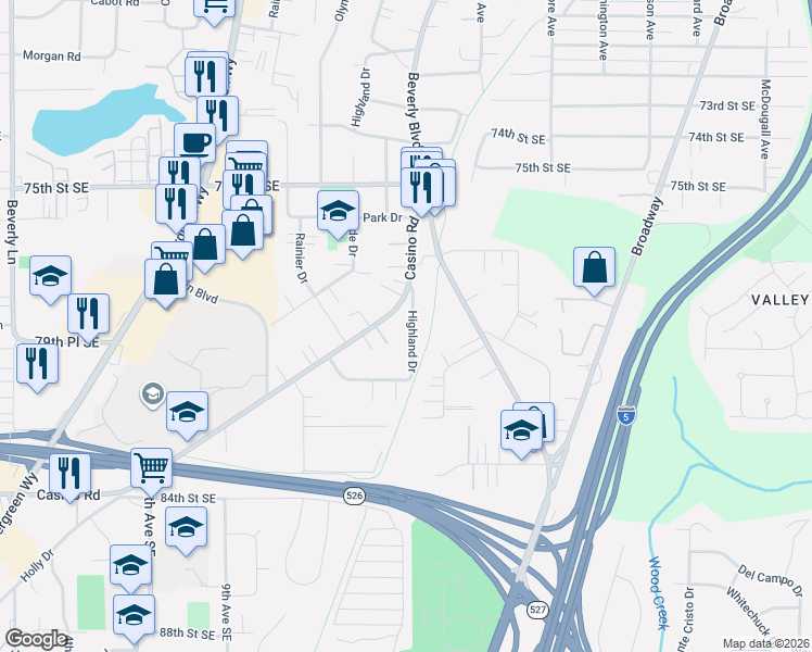 map of restaurants, bars, coffee shops, grocery stores, and more near 7823 Highland Drive in Everett