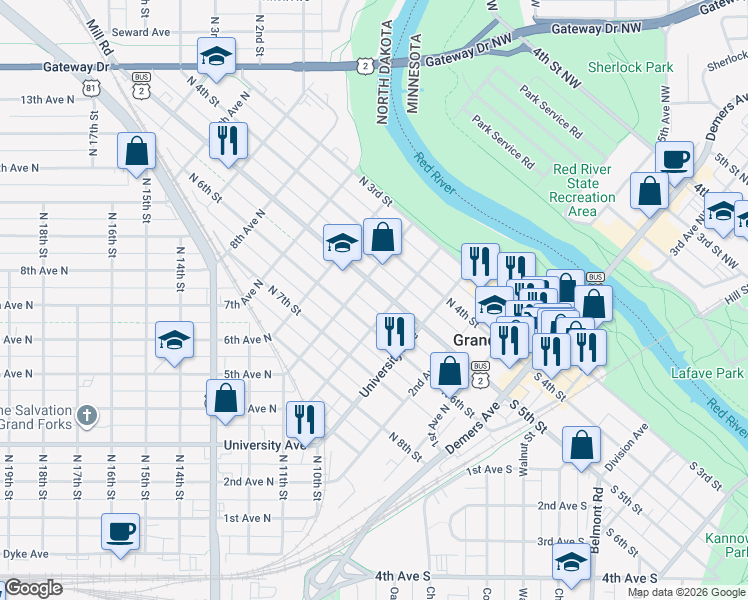 map of restaurants, bars, coffee shops, grocery stores, and more near 411 North 5th Street in Grand Forks