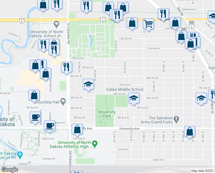 map of restaurants, bars, coffee shops, grocery stores, and more near 2311 7th Avenue North in Grand Forks