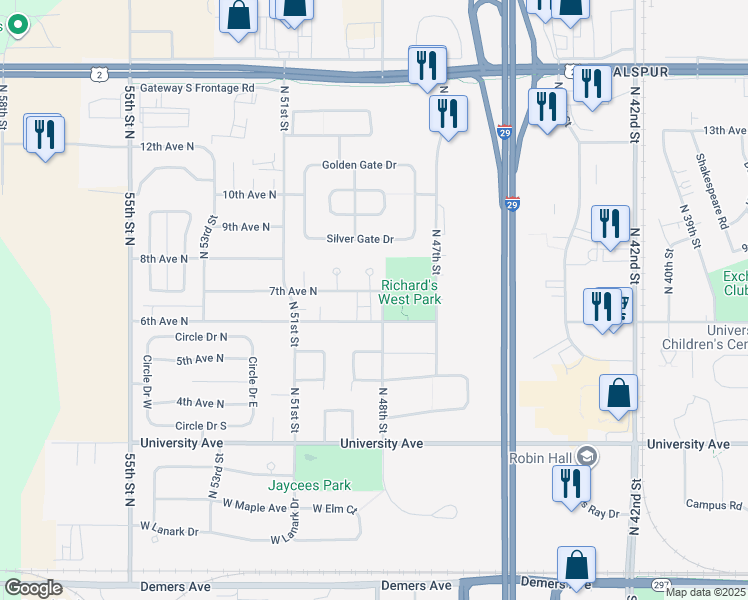 map of restaurants, bars, coffee shops, grocery stores, and more near in Grand Forks