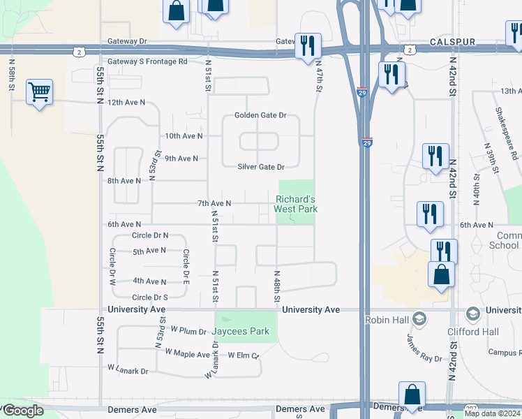 map of restaurants, bars, coffee shops, grocery stores, and more near in Grand Forks