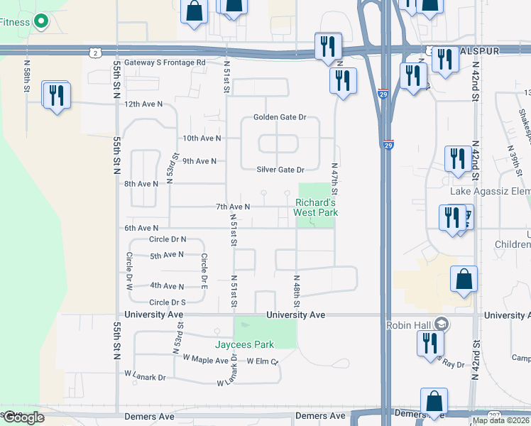 map of restaurants, bars, coffee shops, grocery stores, and more near 4911 7th Ave N in Grand Forks