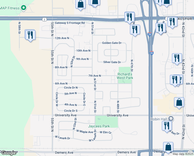 map of restaurants, bars, coffee shops, grocery stores, and more near 5017 7th Avenue North in Grand Forks