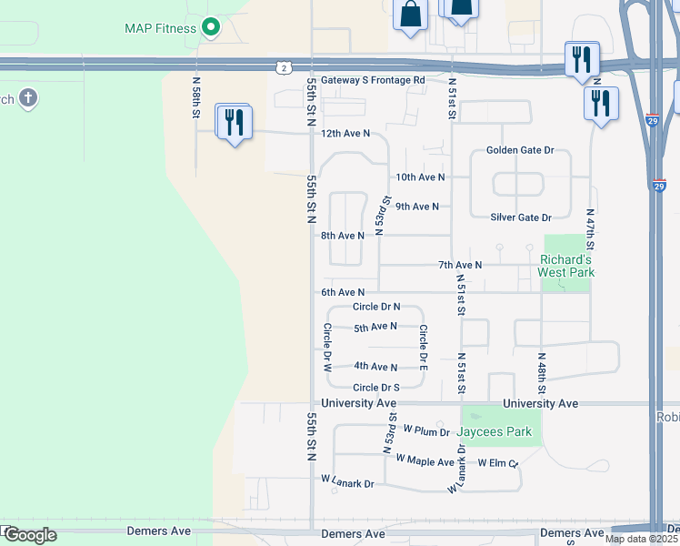 map of restaurants, bars, coffee shops, grocery stores, and more near 749 Promenade Court in Grand Forks