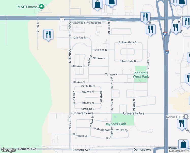 map of restaurants, bars, coffee shops, grocery stores, and more near 5233 7th Avenue North in Grand Forks