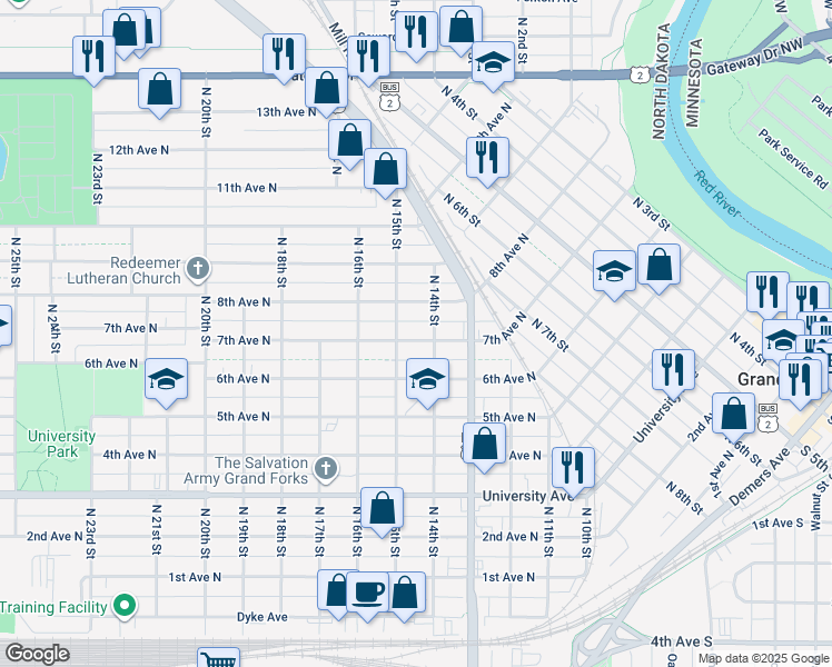 map of restaurants, bars, coffee shops, grocery stores, and more near 1414 7th Avenue North in Grand Forks