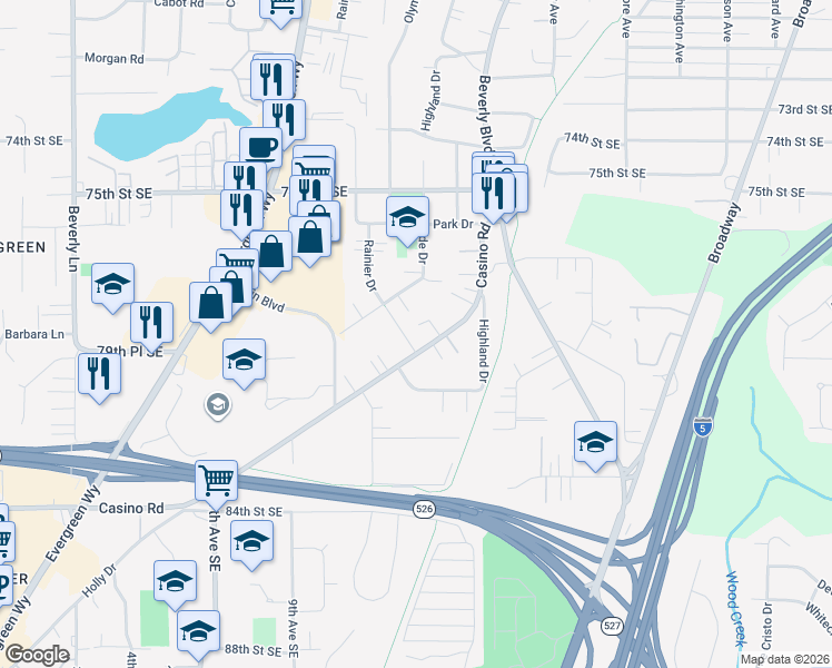 map of restaurants, bars, coffee shops, grocery stores, and more near 1301 East Casino Road in Everett