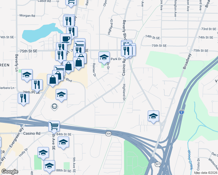map of restaurants, bars, coffee shops, grocery stores, and more near 1301 East Casino Road in Everett