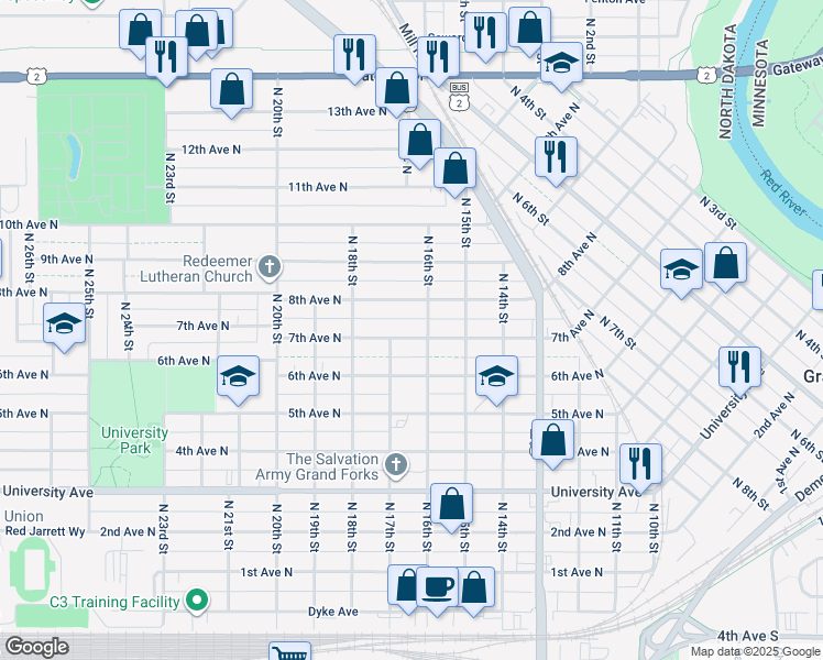 map of restaurants, bars, coffee shops, grocery stores, and more near 1610 7th Avenue North in Grand Forks