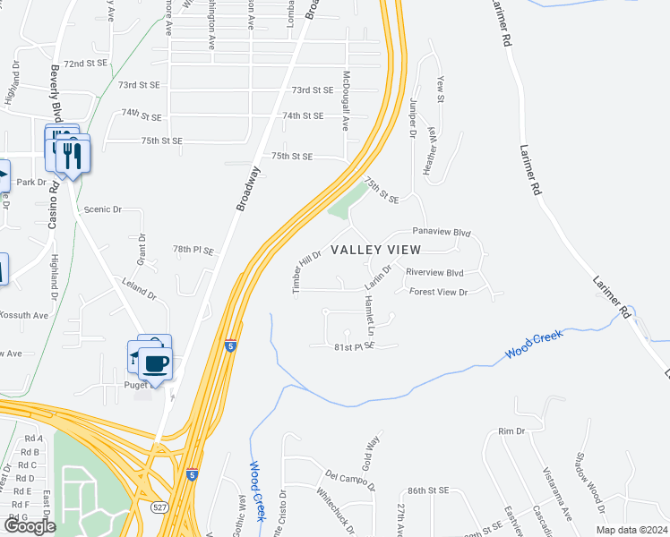 map of restaurants, bars, coffee shops, grocery stores, and more near 7902 Timber Circle in Everett