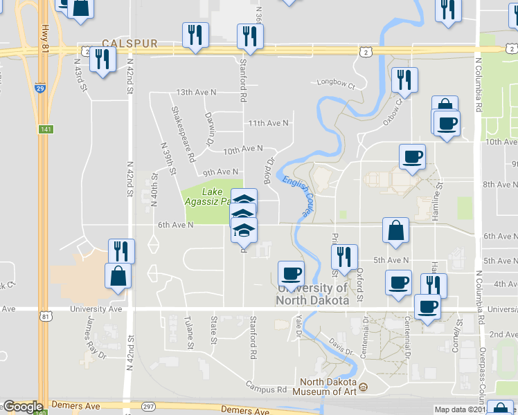 map of restaurants, bars, coffee shops, grocery stores, and more near 3517 7th Ave N in Grand Forks