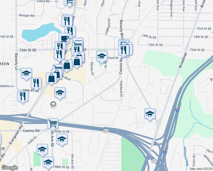 map of restaurants, bars, coffee shops, grocery stores, and more near 1301 East Casino Road in Everett