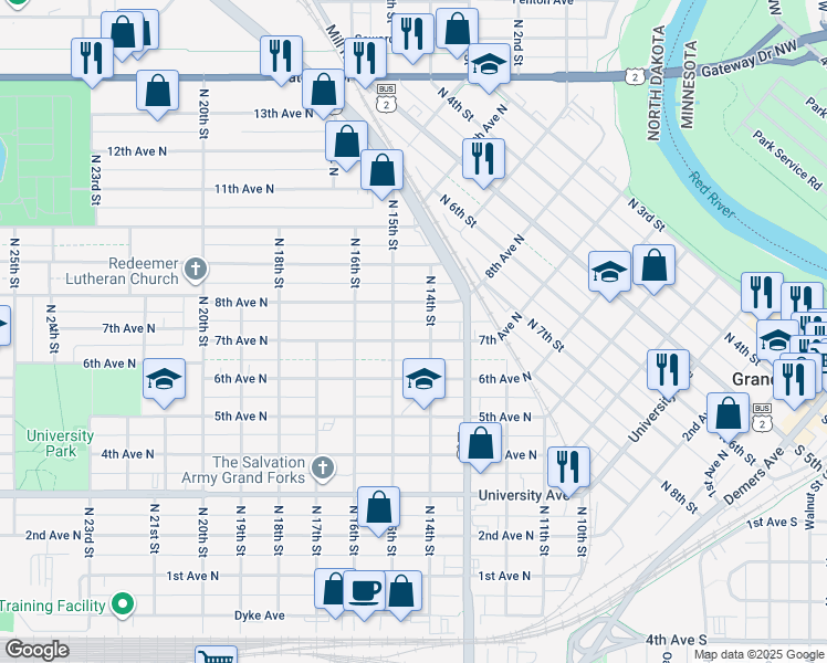 map of restaurants, bars, coffee shops, grocery stores, and more near 1414 7th Avenue North in Grand Forks