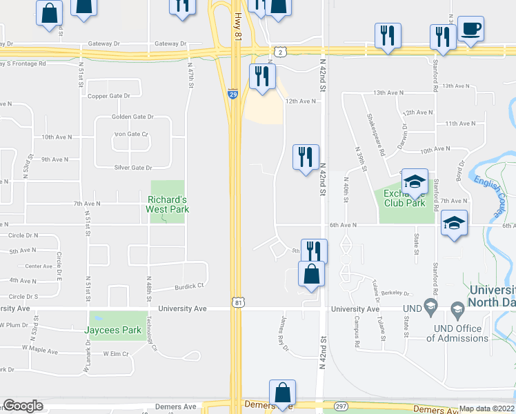 map of restaurants, bars, coffee shops, grocery stores, and more near 675 North 43rd Street in Grand Forks