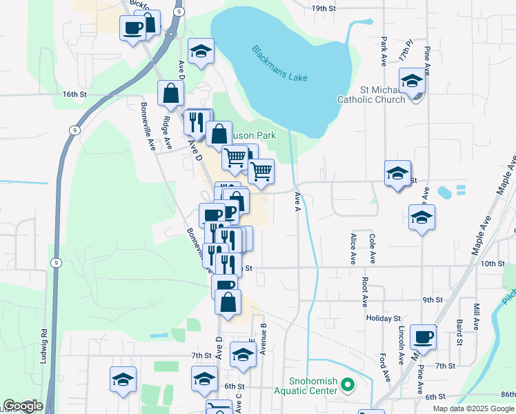 map of restaurants, bars, coffee shops, grocery stores, and more near 1119 13th St in Snohomish