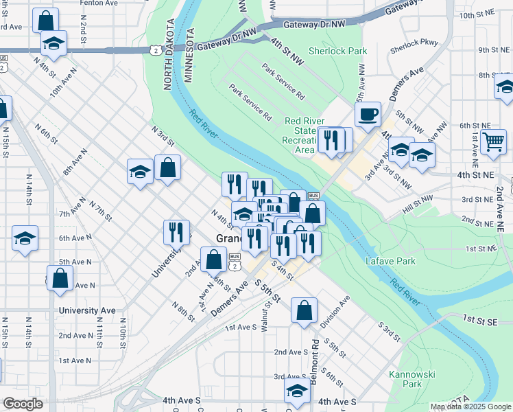 map of restaurants, bars, coffee shops, grocery stores, and more near 112 North 3rd Street in Grand Forks