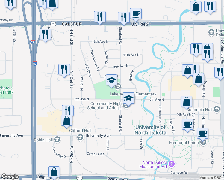 map of restaurants, bars, coffee shops, grocery stores, and more near 605 Stanford Road in Grand Forks