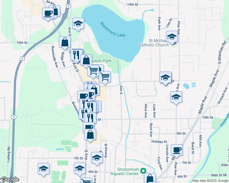 map of restaurants, bars, coffee shops, grocery stores, and more near 1017 13th Street in Snohomish