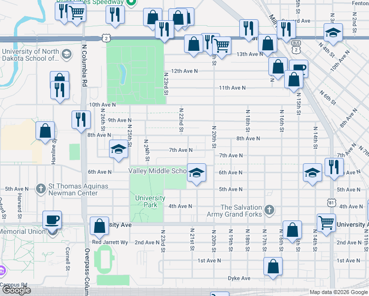 map of restaurants, bars, coffee shops, grocery stores, and more near 600-698 N 22nd St in Grand Forks