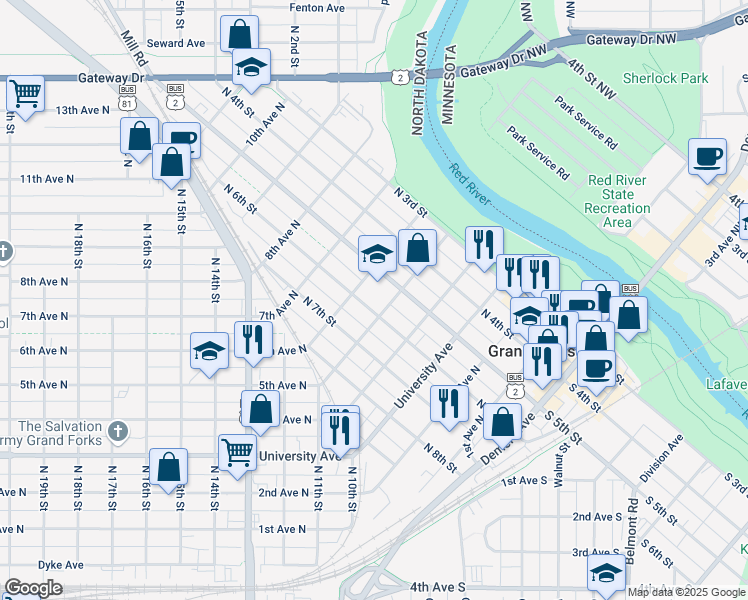 map of restaurants, bars, coffee shops, grocery stores, and more near 520 North 6th Street in Grand Forks