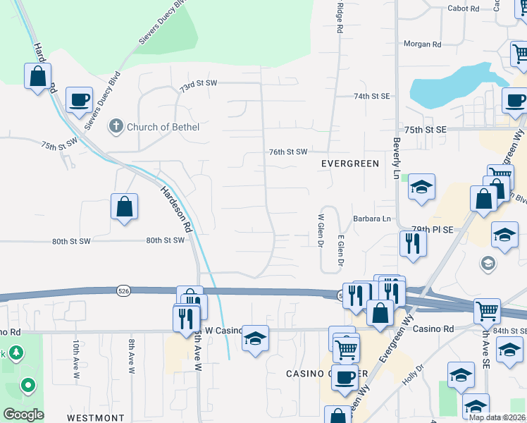 map of restaurants, bars, coffee shops, grocery stores, and more near 7820 Upper Ridge Road in Everett