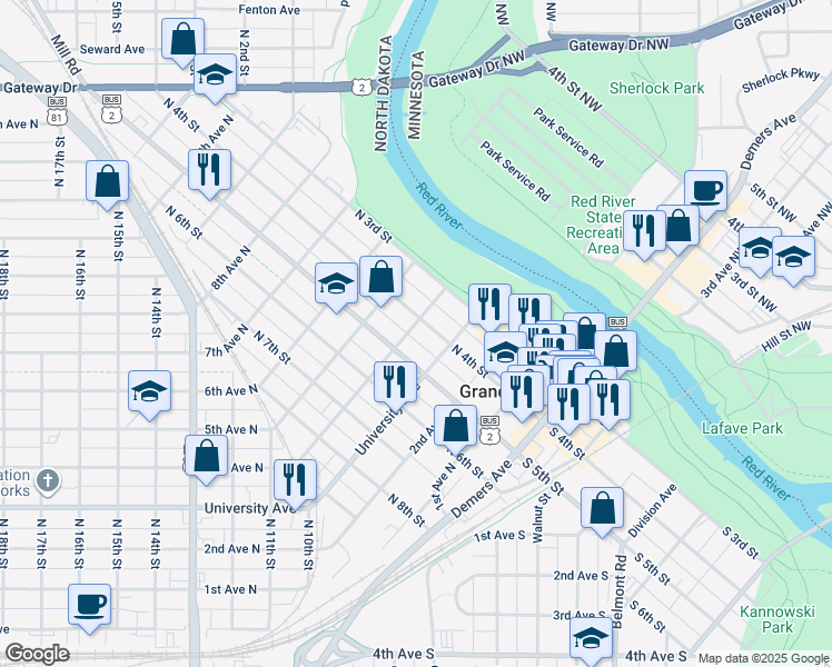 map of restaurants, bars, coffee shops, grocery stores, and more near 405 4th Avenue North in Grand Forks