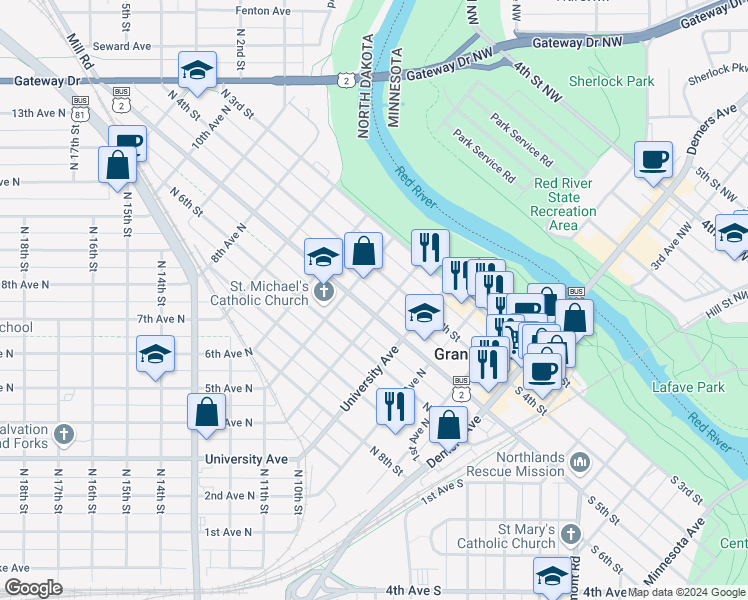 map of restaurants, bars, coffee shops, grocery stores, and more near 411 North 5th Street in Grand Forks