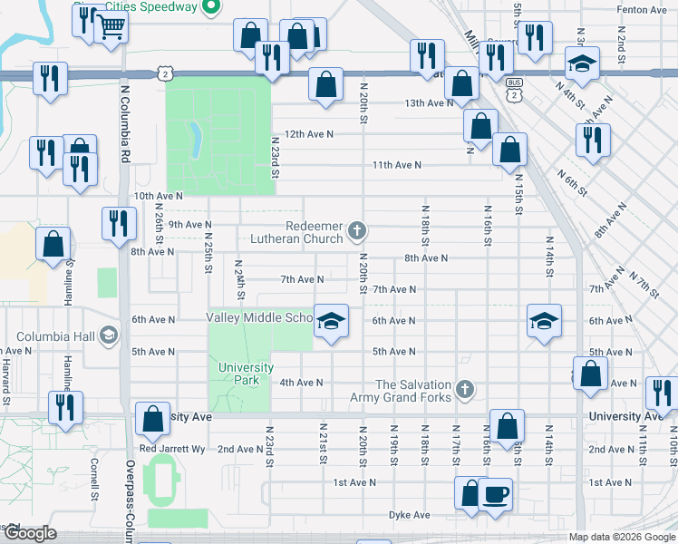 map of restaurants, bars, coffee shops, grocery stores, and more near 2011 7th Avenue North in Grand Forks