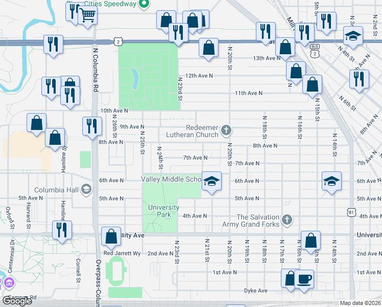 map of restaurants, bars, coffee shops, grocery stores, and more near 2221 7th Avenue North in Grand Forks