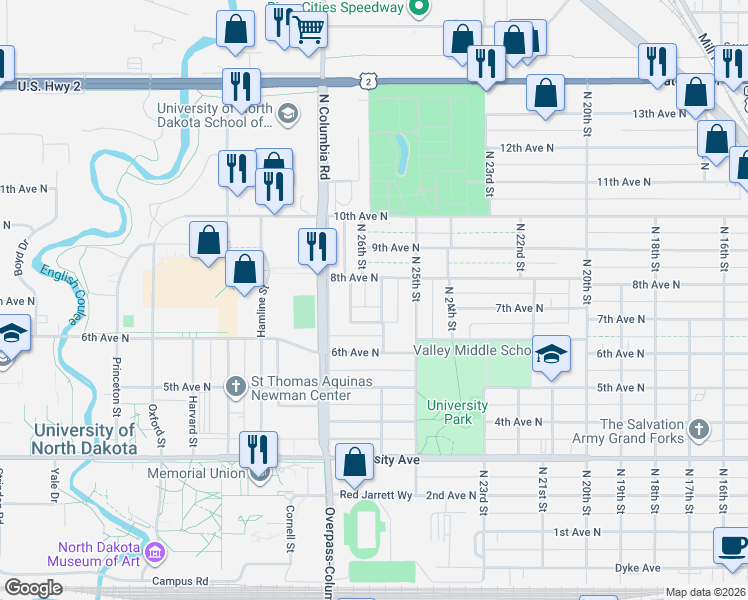 map of restaurants, bars, coffee shops, grocery stores, and more near 146 Columbia Court in Grand Forks