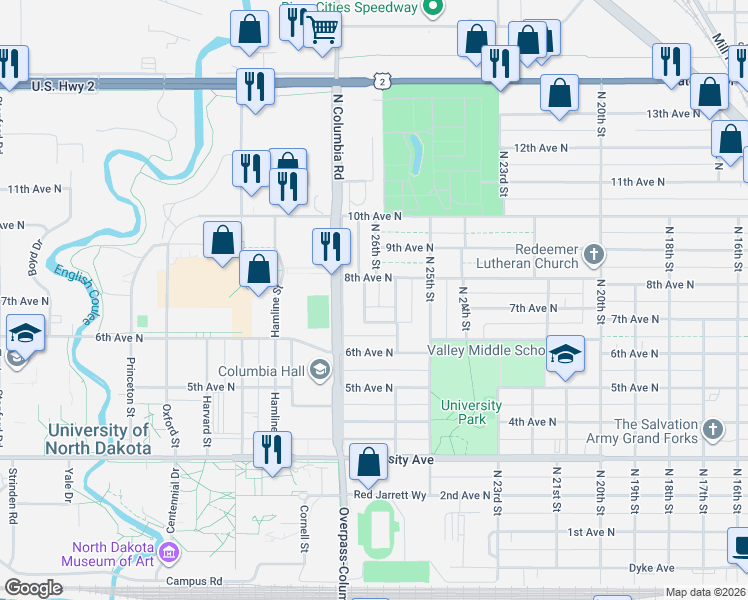 map of restaurants, bars, coffee shops, grocery stores, and more near 146 Columbia Court in Grand Forks