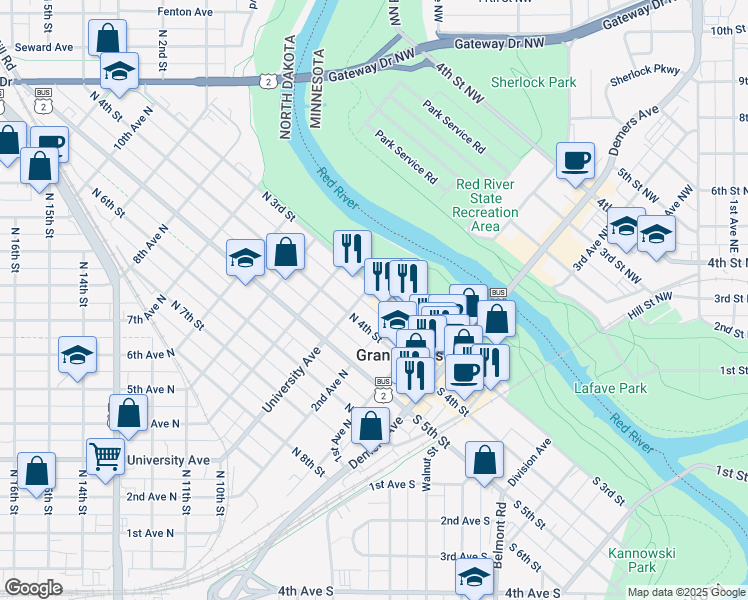 map of restaurants, bars, coffee shops, grocery stores, and more near 215 North 3rd Street in Grand Forks