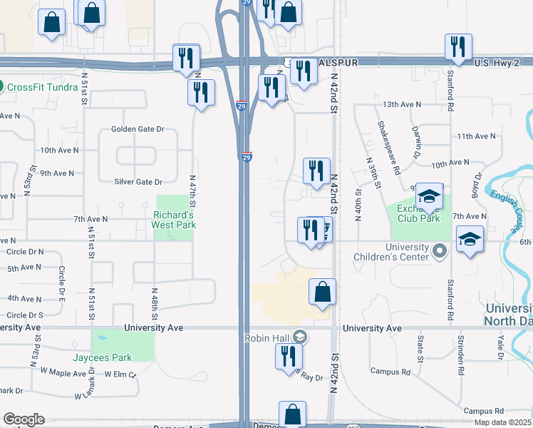 map of restaurants, bars, coffee shops, grocery stores, and more near 705 North 43rd Street in Grand Forks