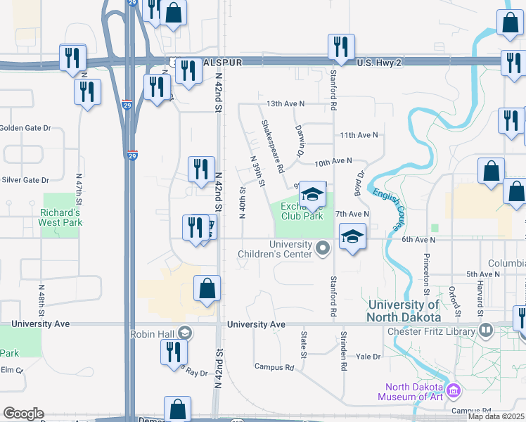 map of restaurants, bars, coffee shops, grocery stores, and more near 615 North 39th Street in Grand Forks