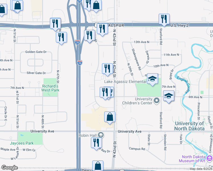 map of restaurants, bars, coffee shops, grocery stores, and more near 715 North 42nd Street in Grand Forks