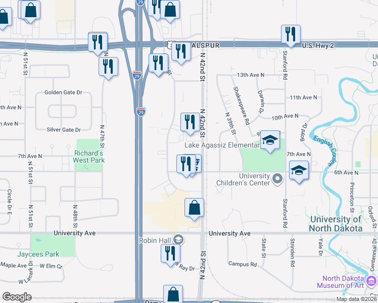 map of restaurants, bars, coffee shops, grocery stores, and more near 715 North 42nd Street in Grand Forks