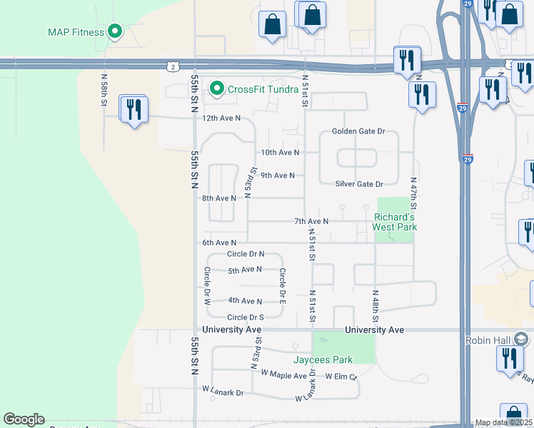 map of restaurants, bars, coffee shops, grocery stores, and more near 5233 7th Ave N in Grand Forks