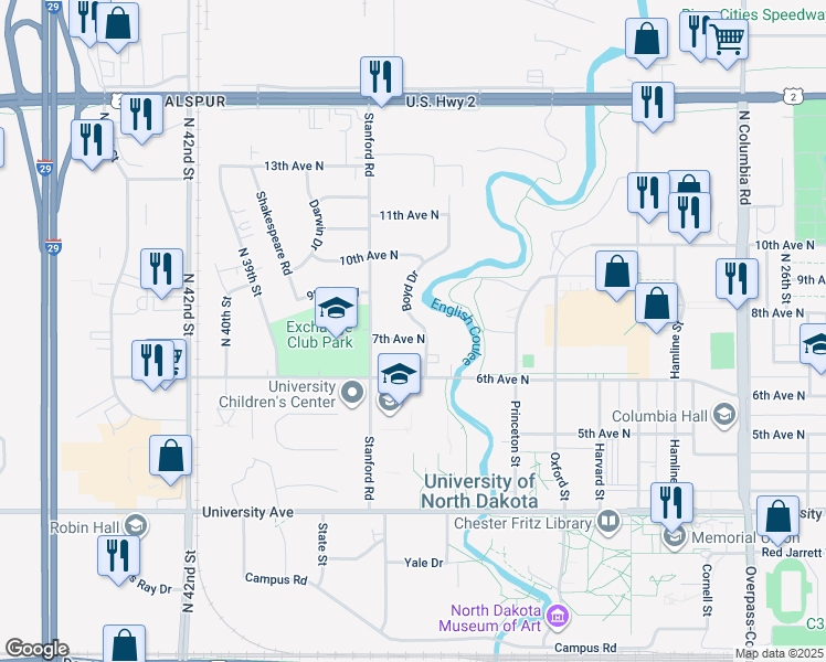 map of restaurants, bars, coffee shops, grocery stores, and more near 3506 7th Avenue North in Grand Forks