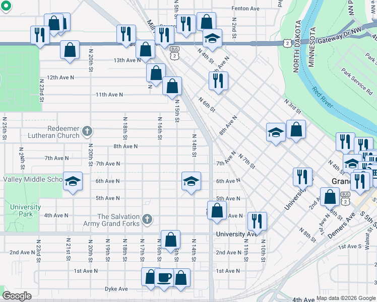 map of restaurants, bars, coffee shops, grocery stores, and more near 1414 7th Avenue North in Grand Forks