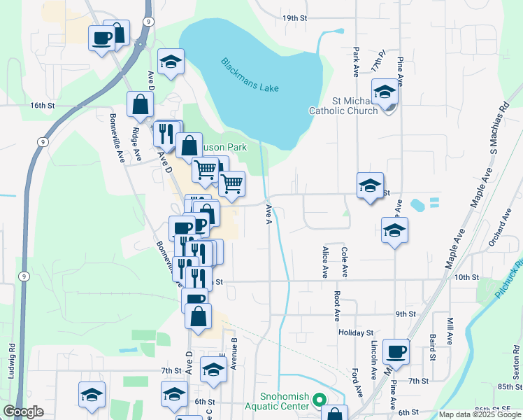 map of restaurants, bars, coffee shops, grocery stores, and more near 1220 Avenue A in Snohomish
